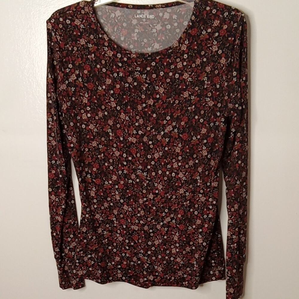 Lands' End Women's Small Long Sleeve Floral Black Top. Cottage Core, Office